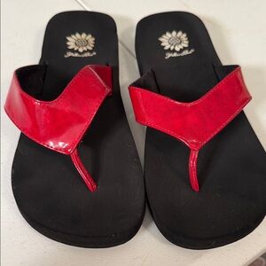 Yellow Box Red Patent Thong Sandals with Black Footbed